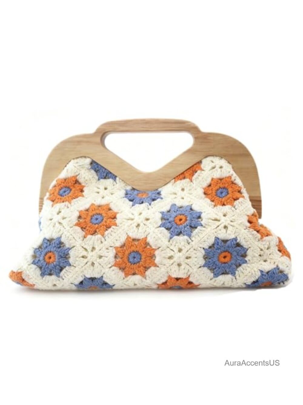 Crochet Flower Clutch Purse with Wooden Handle Boho Handmade